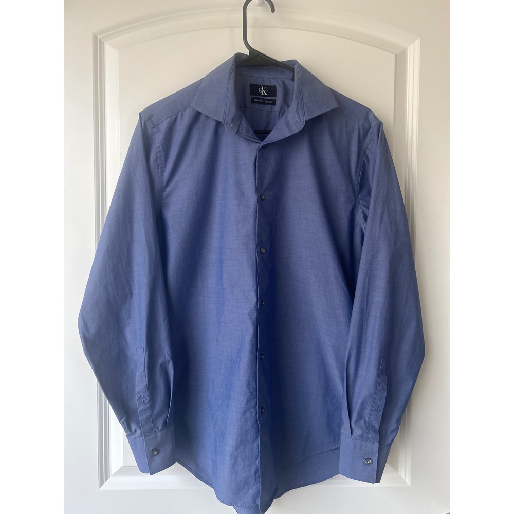Calvin Klein Mens Slim Fit Stretch Button Down Shirt Blue Medium 15-15.5 32/33